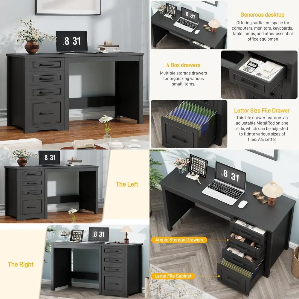 مكتب تنفيذي Vabches Farmhouse مقاس 49 بوصة مع درج ملفات، مكتب كمبيوتر قابل للعكس بأربعة أدراج مع مساحة تخزين، عمل كتابة منزلي ريفي
