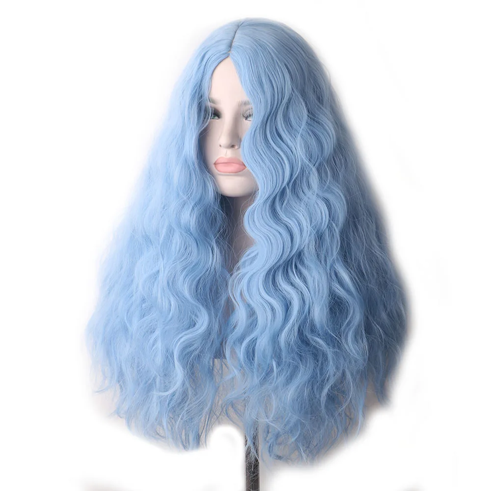 

High-temperature silk chemical fiber wig headband for ladies, middle part corn silk synthetic wig, light blue curly long wig