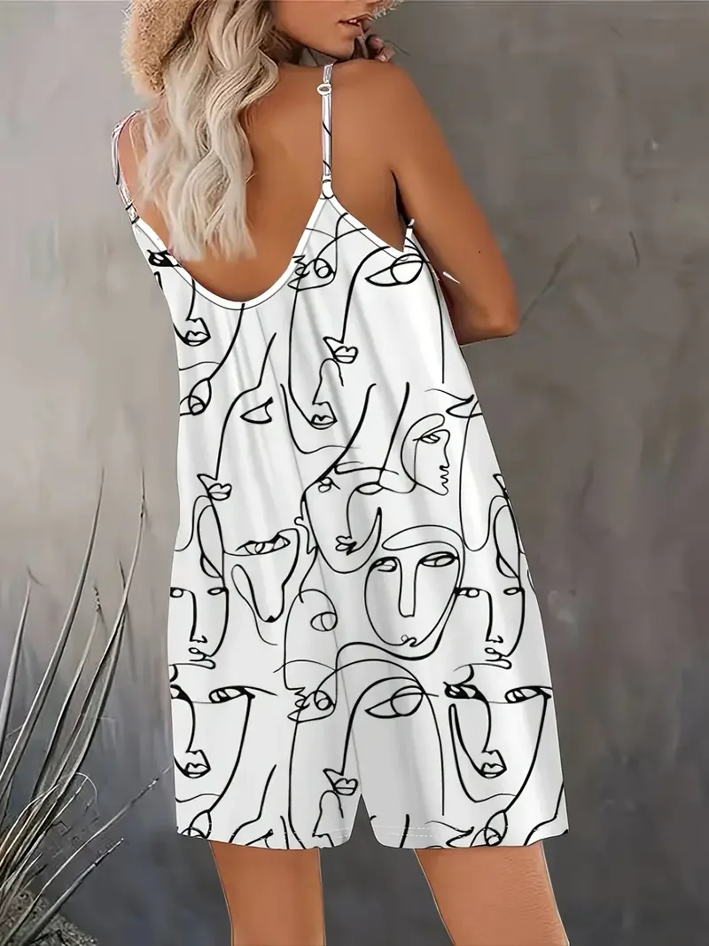 Plus-size Face Sketch Graphic Slip Romper, Casual Ruched Crew Neck Sleeveless Pocket Romper, Odzież damska Plus Size