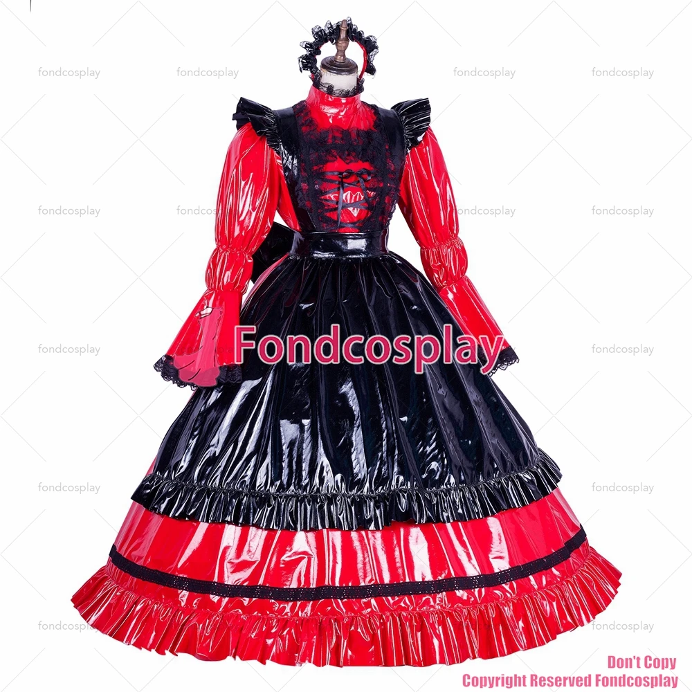 fondcosplay adult sexy cross dressing sissy maid long lockable red thin PVC vinyl dress Uniform balck apron CD/TV[G1768]