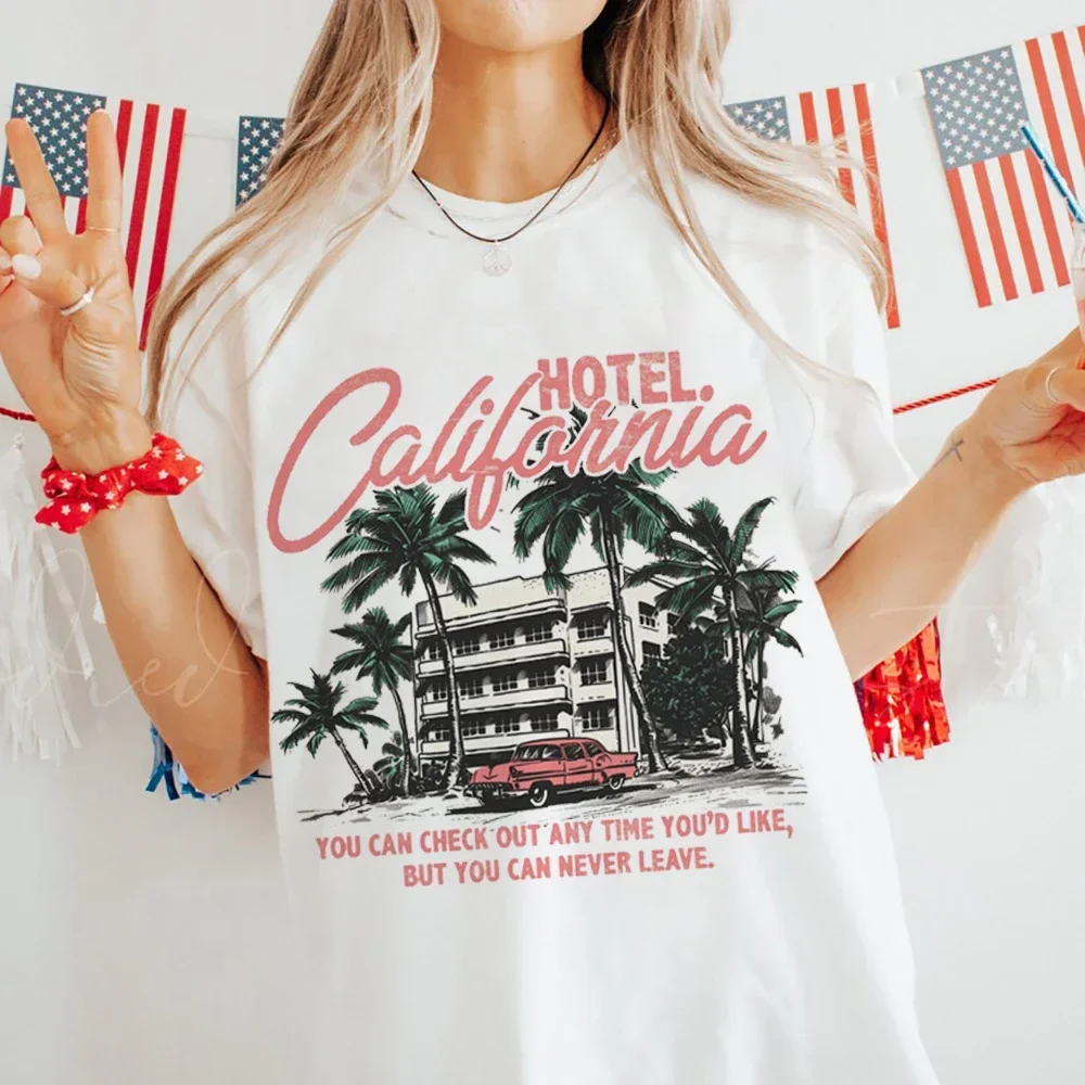 Printed Casual Fashion O-Neck Women's Hotel California Retro Design Pattern T-Shirt Clothing Printed Short Sleeved Women's T-Shi