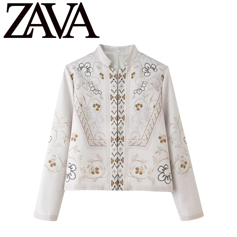 Fashionable Stand Collar Print Flocking Jacket Women's Short Outerwear Versatile Polyester Fiber Long Sleeve Zipper Closure