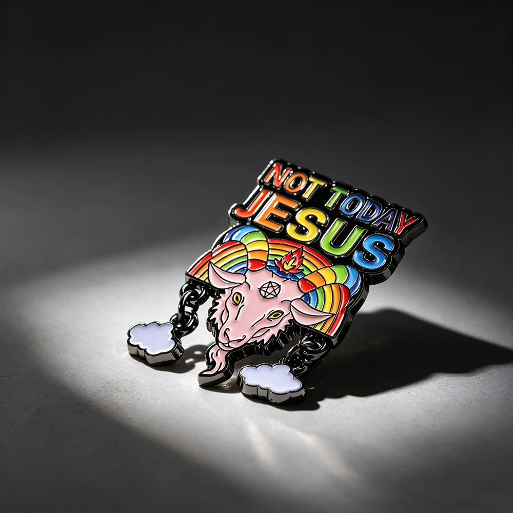 �Not Today Jesus“ Ziegen-Brosche, Regenbogen-Baphomet-Emaille-Pin, subkulturelles Metall-Abzeichen, Wolken-Anhänger, Reversnadel, Dekoration, Geschenk – Detail 4
