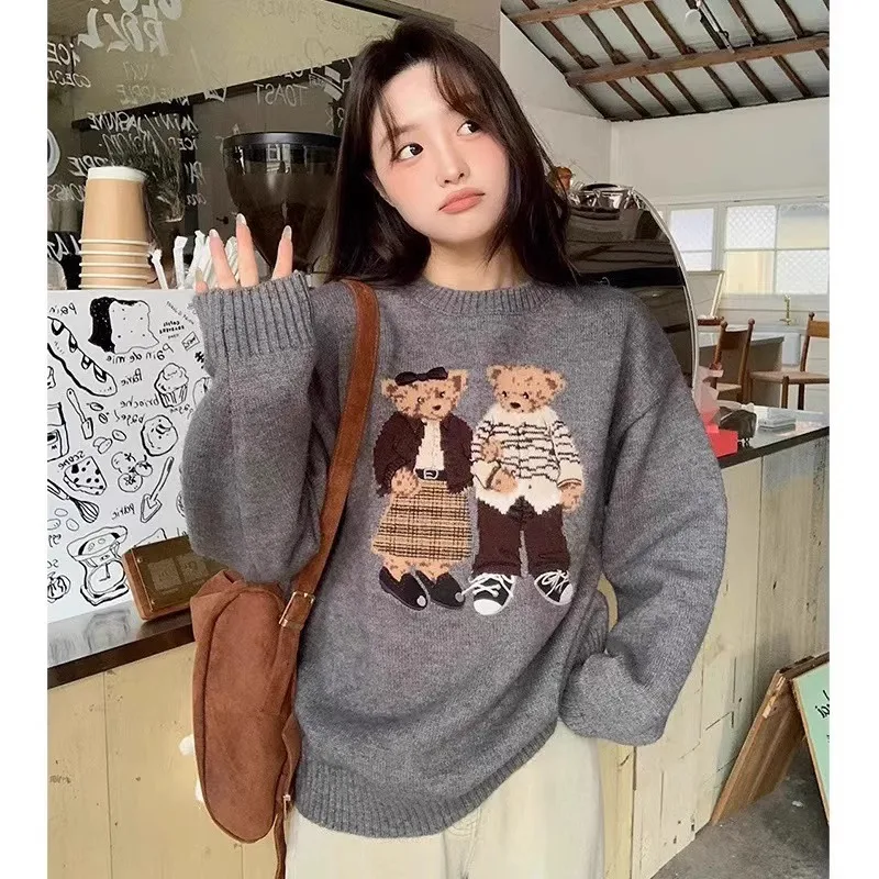 Retro Preppy Loose Winter Sweater Cute Cartoon Jacquard Sweater Gray Jumper Knitwear Korean Trendy Fashion Streetwear Women Tops