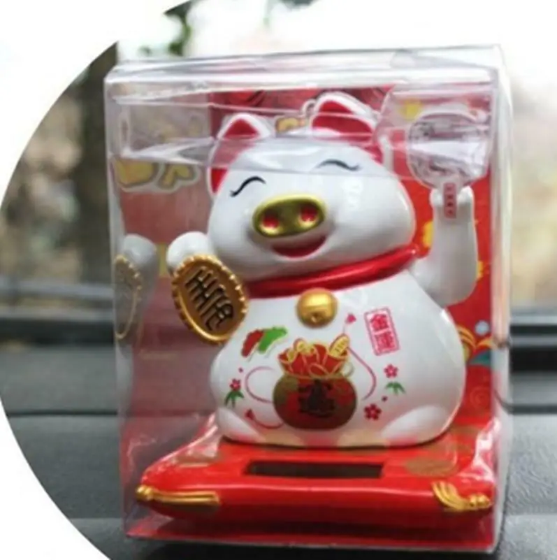 kids toys Solar Powered Welcoming Lucky Beckoning Fortune Pig Car Home Decoration White