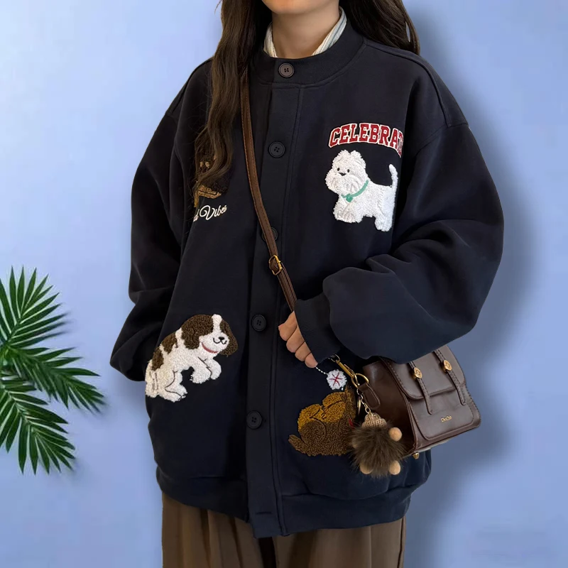 

Модная толстовка оверсайз с флисовой подкладкой, вышивкой собаки, в стиле ретро, универсальная, для пар, с эффектом потертости