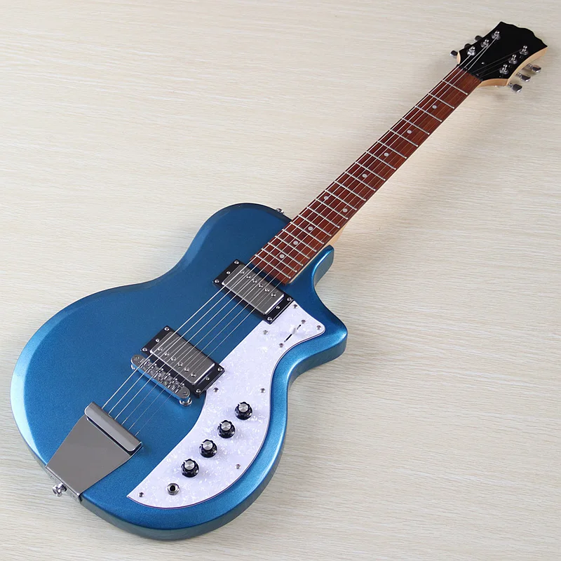 جيتار كهربائي أزرق مكون من 6 أوتار جيتار للسفر مقاس 39 بوصة من خشب الزيزفون جيتار كهربائي عالي اللمعان أزرق معدني أحمر