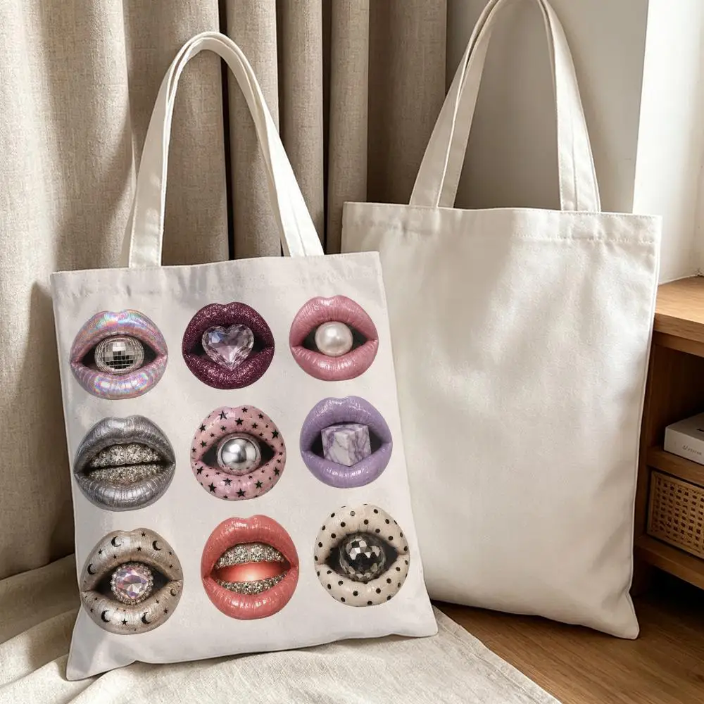 Retro Lip Collage Storage Bags Canvas Tote Bag Women Large Capacity Reusable Eco Shopping Bag Shoulder Handbag