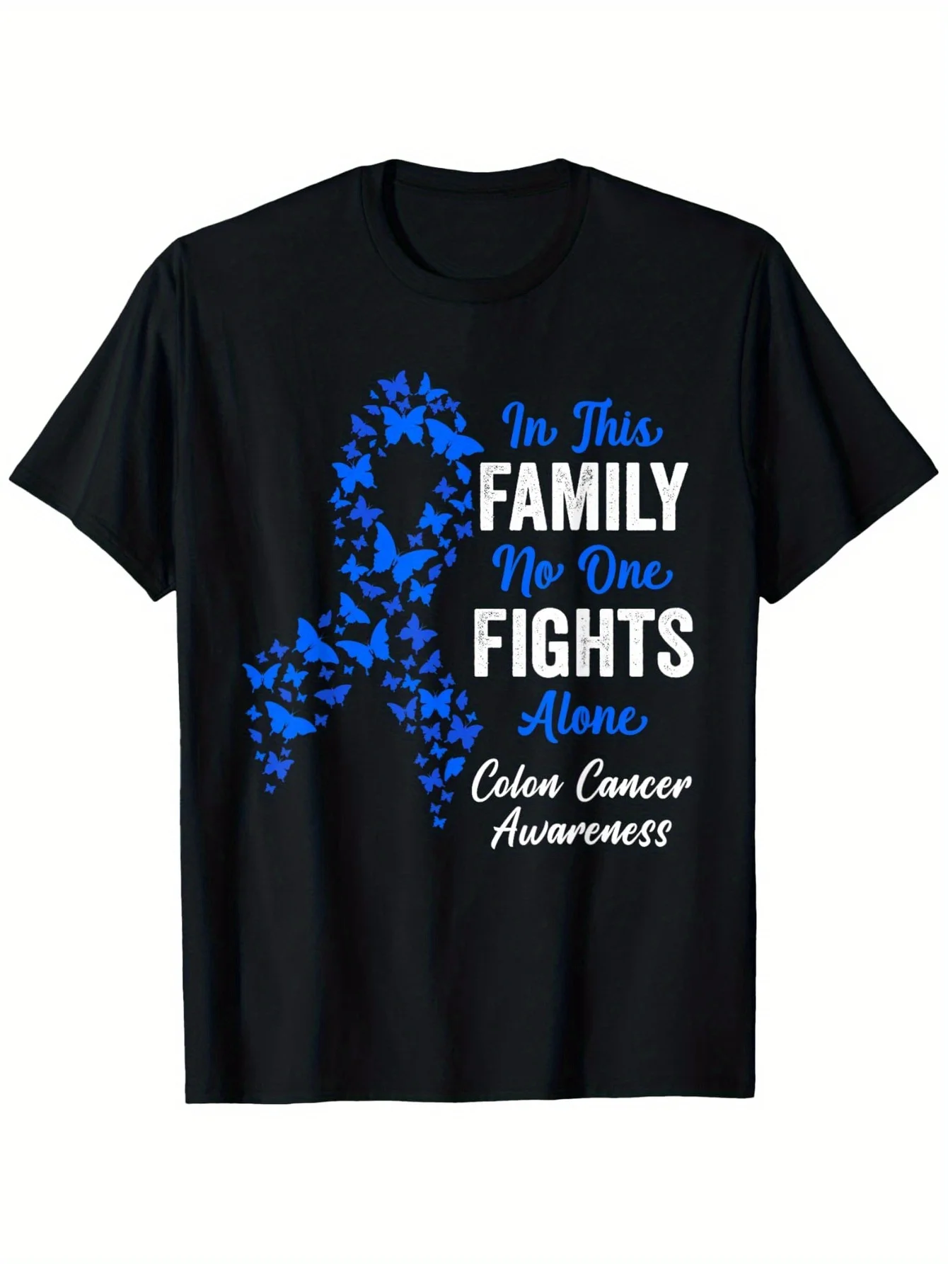 Camiseta de Concientización sobre el Cáncer de Colon, Diseño de Mariposa Azul con la Frase 'Nadie Lucha Solo en Esta Familia', Camiseta Unisex Informal de Manga Corta Negra, Regalo para el Día del Padre y el Día de la Madre