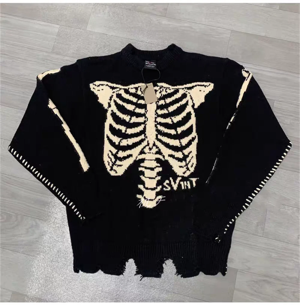 

Святой вязаный свитер с рисунком черепа для мужчин и женщин, высококачественные вязаные толстовки с круглым вырезом
