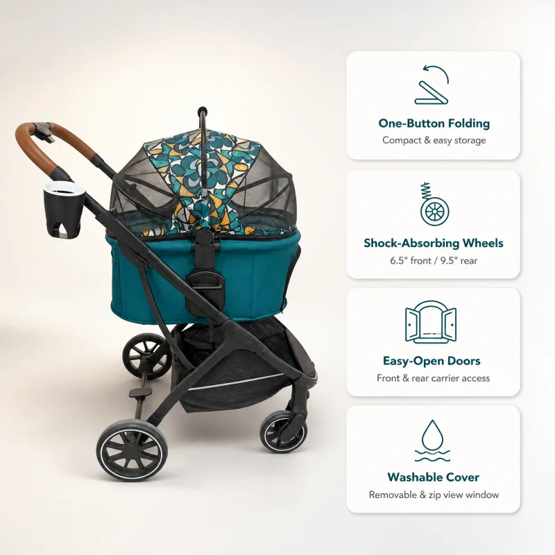 Foldable Pet Stroller Detachable Basket One Click Fold Pet Stroller 2 In 1 Detachable Carrier Large Storage Basket
