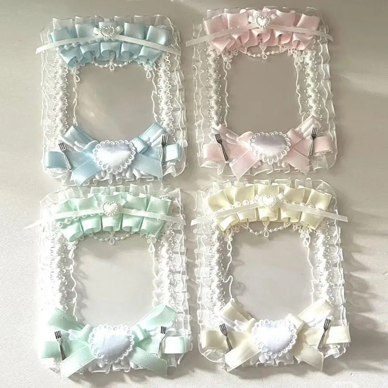 1Pcs White Square Photocard Holder Card Brick Anime Cartoon Game Character DIY Plush Ribbon Lace Case Lolita Idol