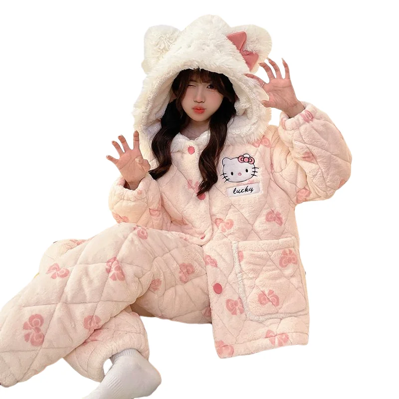 Hello Kitty Girl Pajamas Suit Winter Cartoon Thicken Keep Warm Child Coral Fleece Homewear Fashion Kawaii Flannel New Pajamas