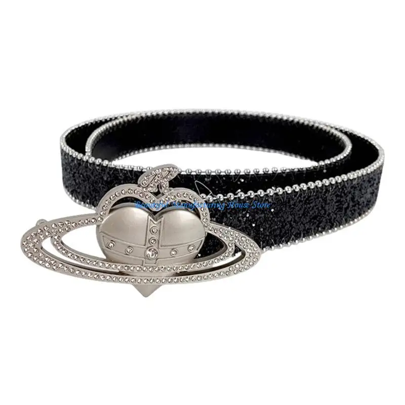

E56A Shimmering Sequined Waist Belt Heart Buckle Belt Adult Women Jeans Dresses Belt