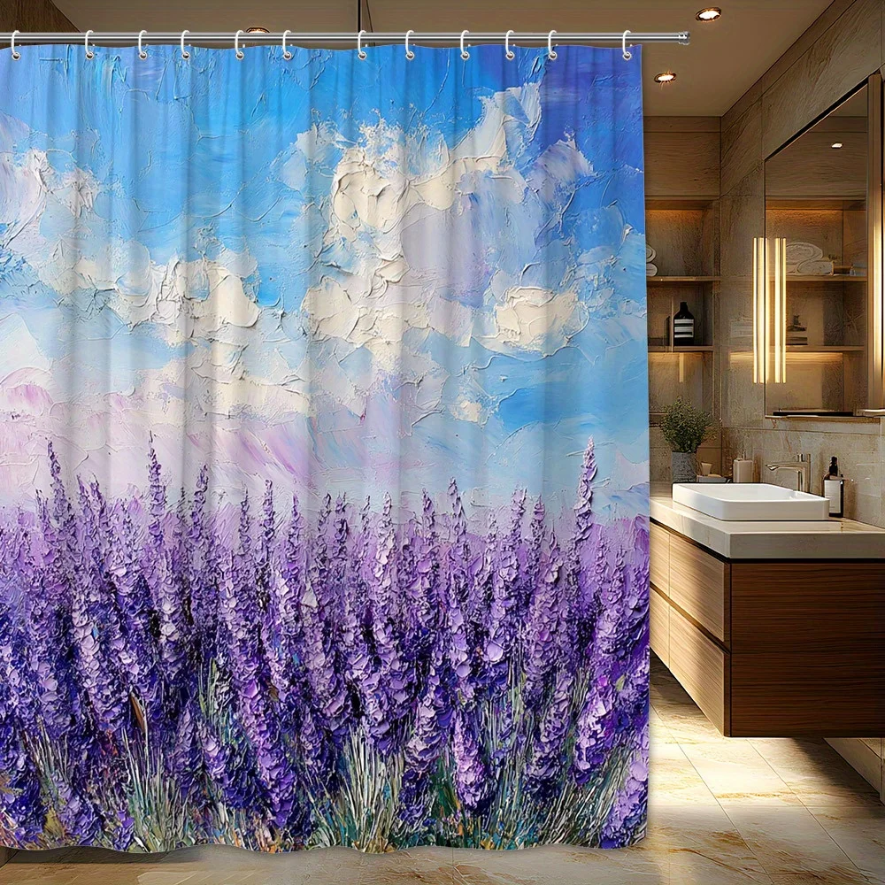 

1 шт. Занавеска для душа с лавандовым полем — впечатляющий спокойный пейзаж с различными фиолетовыми оттенками и ярким голубым небом, полиэфирная ткань