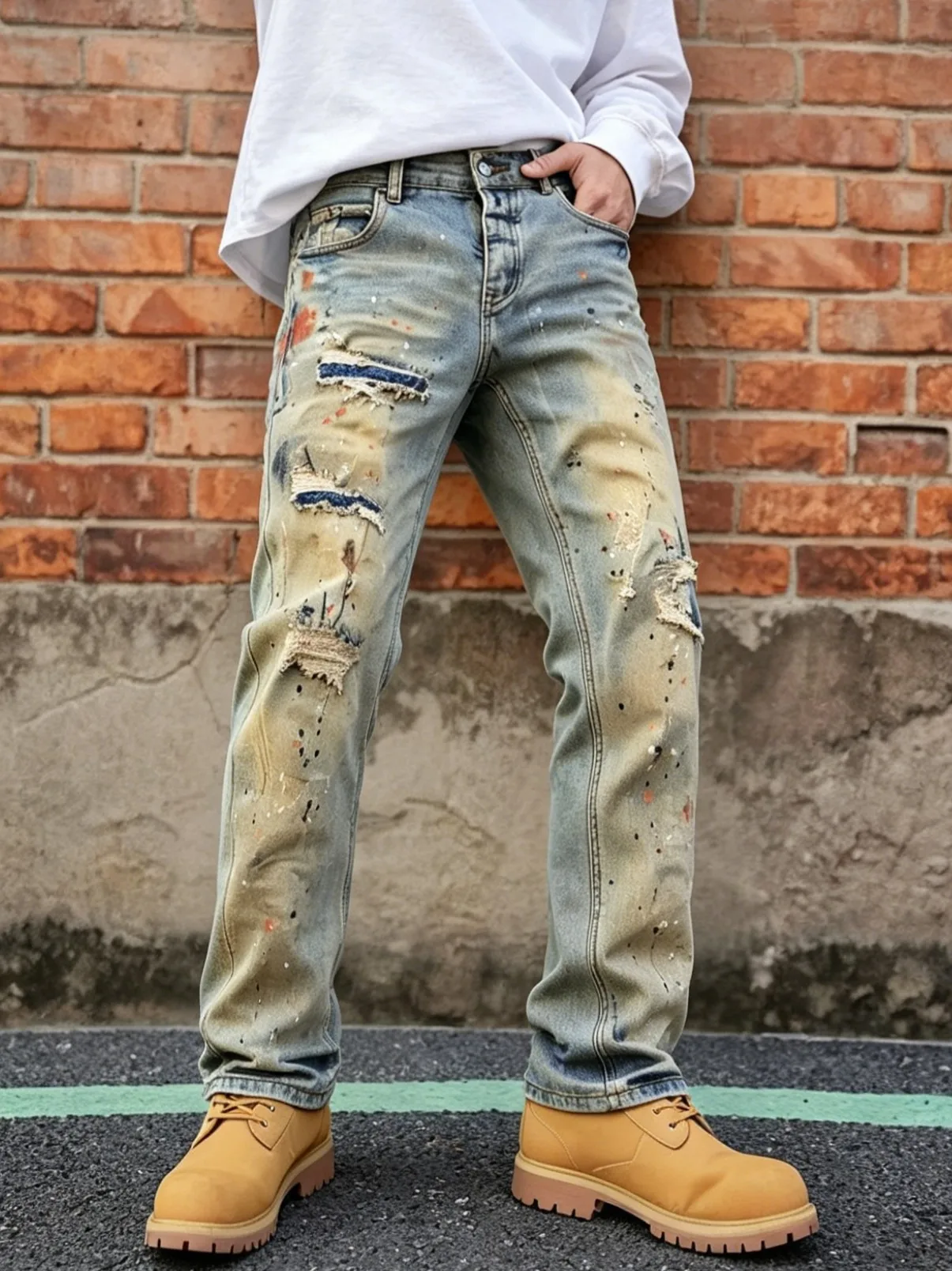 【HME】Men's Jeans | Straight‑Leg Relaxed Fit Denim Pants, Worn‑Out Washed Denim Trousers Featuring Torn Repair & Paint‑Splatter Craft, Reinforced Stitching Casual Pants, Trendy Street‑Style Denim Bottoms Pair With Work Boots