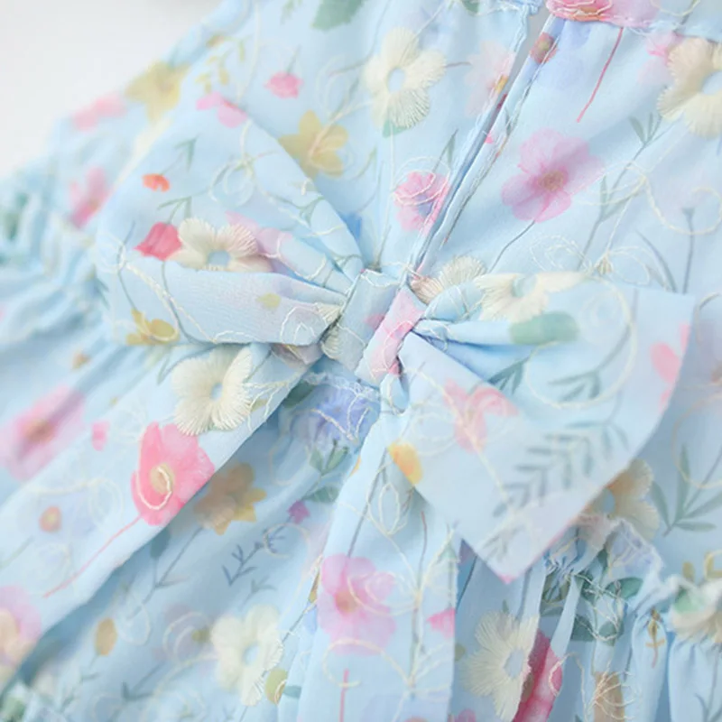 Summer New Floral Print Baby Girl Dress Sweet Bow Children'S Blue Clothes (6 Months -3 Years Old) 4