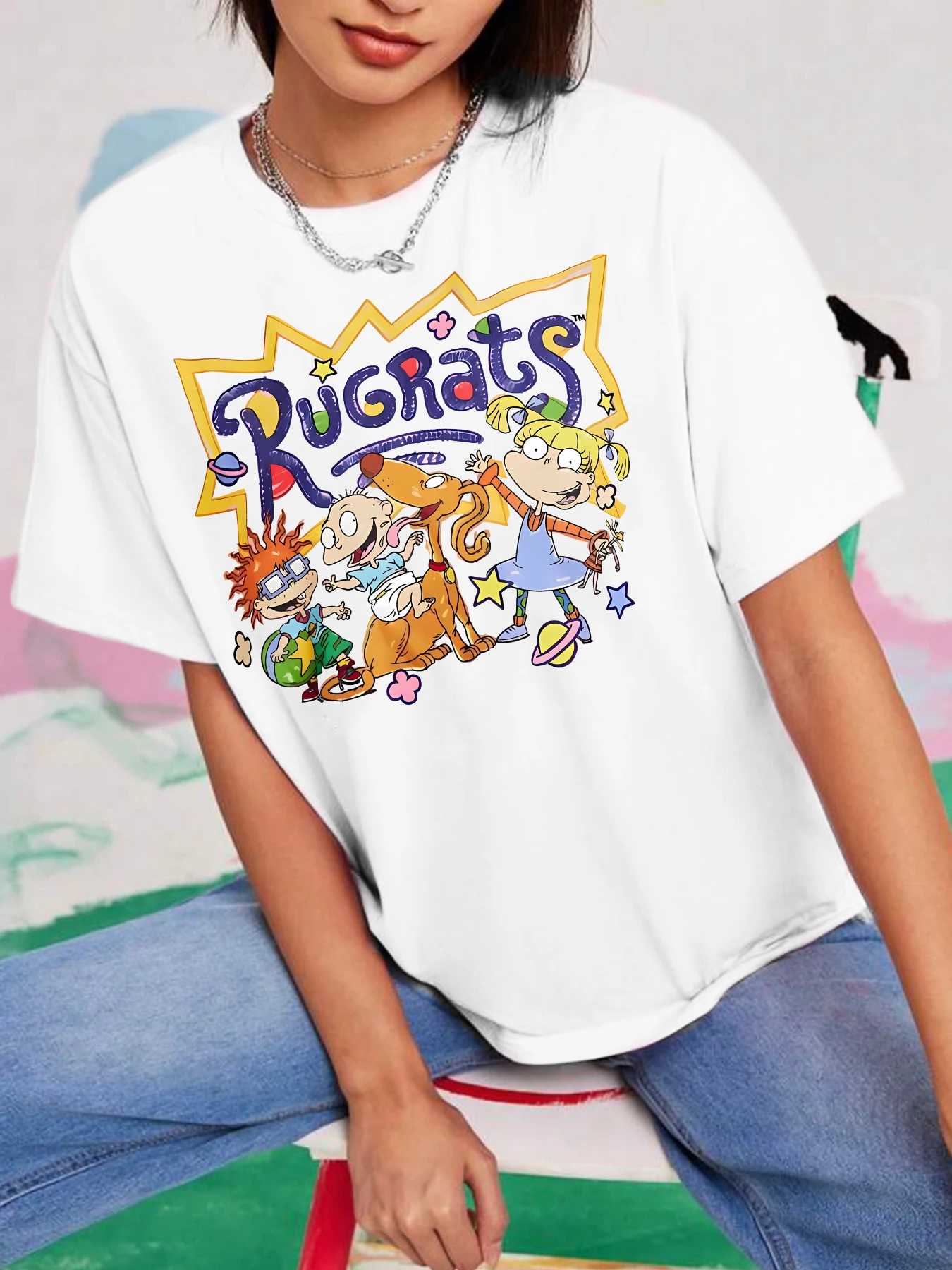 

RUGRATS детская футболка с рисунком букв из мультфильма, трендовая женская футболка с короткими рукавами, повседневная женская одежда в повседневном стиле