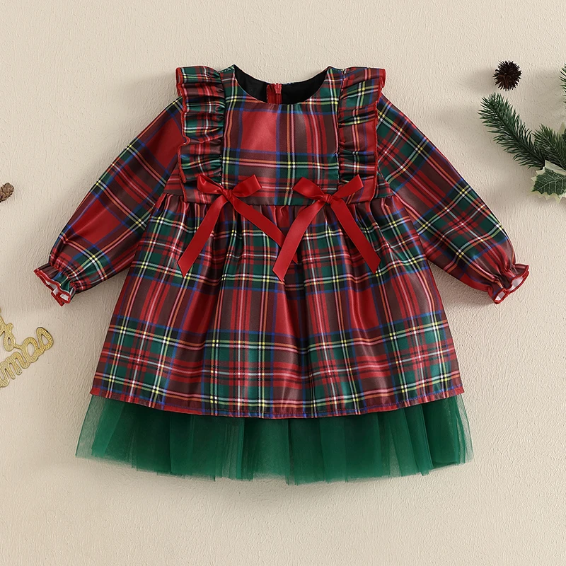 Little Girls Christmas Plaid Dress Bow Long Sleeve Round Neck A-Line Mesh Hem Dress