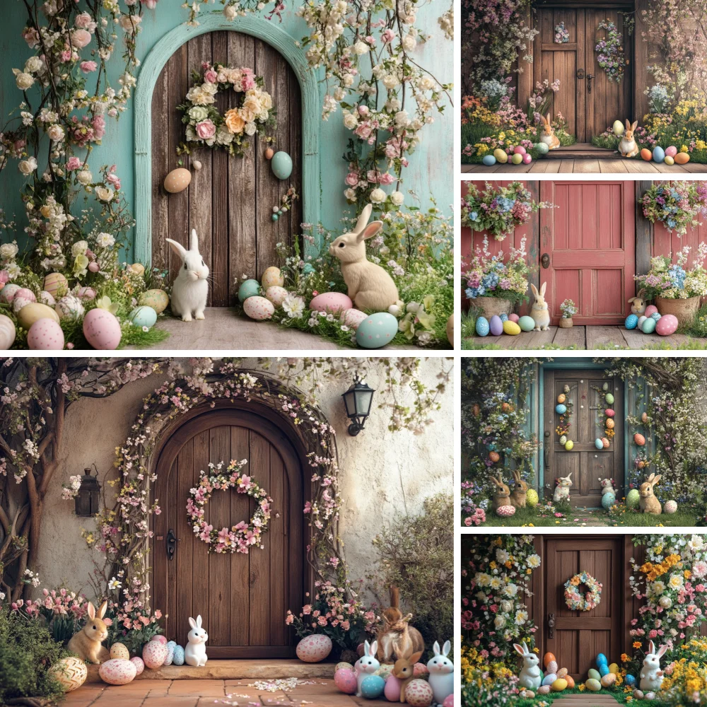

Spring Easter's Party Backdrop Rabbit Colorful Eggs Flower Green Grass Bunny Easter's Day Kids Portrait Photography Background