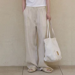 100% Linen Casual Women's Trousers 2025 Spring And Summer New Solid Color Simple Ladies Pockets Long Straight Pants