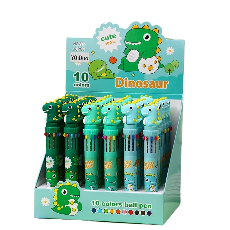 36PCS Ballpoint Pen 10 Color Set Box 0.7mm Cute Little Dinosaur Cartoon High Value Multicolor Hand-Held Pen Color Marker Gift