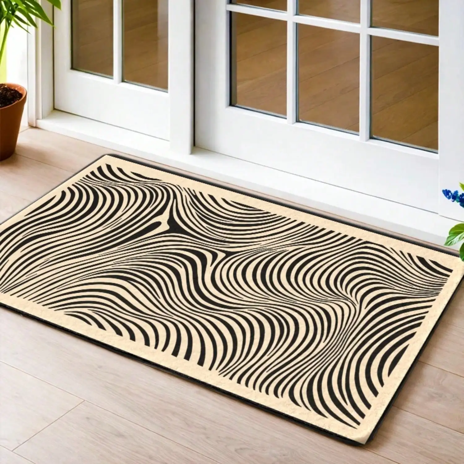 1pc Abstract Wave Pattern Non - Slip Flannel Floor Mat, Durable & Stain - Resistant & Machine - Washable, Universal Door Mat/Rug, Suitable For Living Room