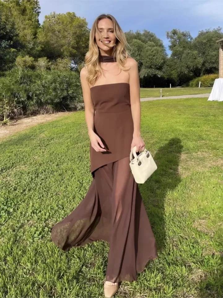 

Summer New Women's Fashion Solid Color Splicing Sexy Strapless One Shoulder Long Slit Dress Without Sleeves