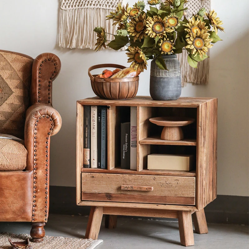 Log Artistic Four-Grid One-Bucket Magazine Cabinet Old Pine American Country Living Room Solid Wood Storage Cabinet