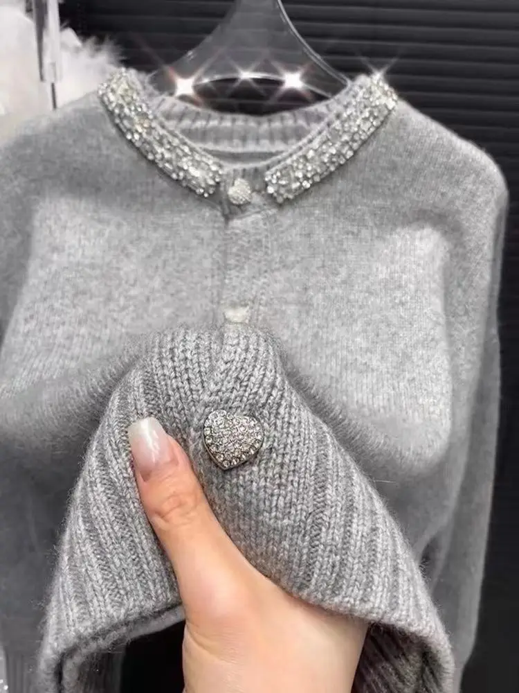 2024 New Fashion Nail Bead Round Neck Knitted Cardigan For Women, Sweet And Loose Knitted Sweater In Grey