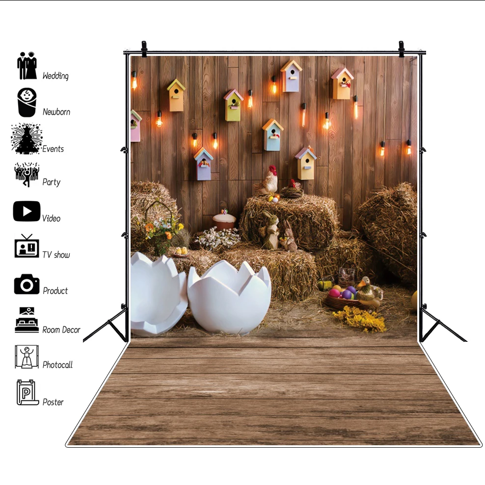 

Easter Day Wood Background For Photography Easter Eggs Haystack Chick Baby Portrait Floor Interior Photo Backdrop Photo Studio
