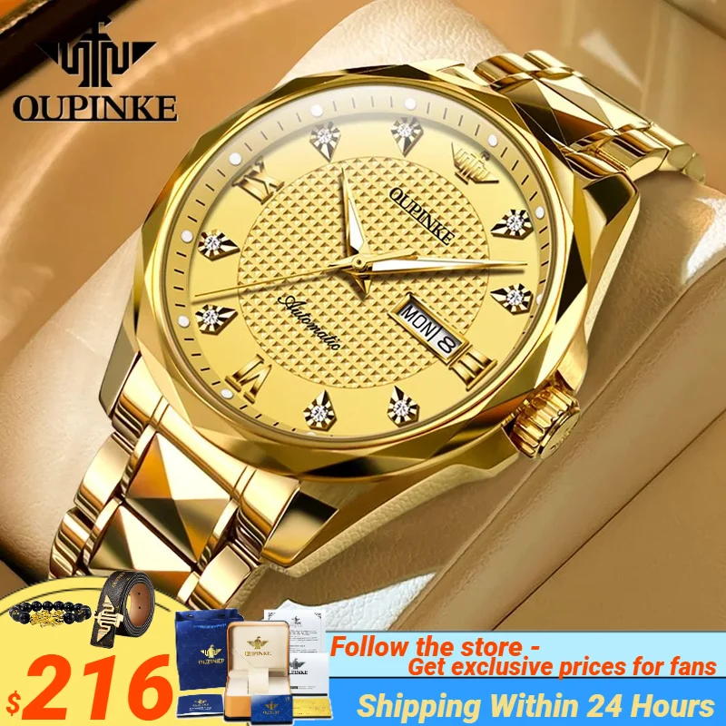 

OUPINKE 3243 Golden Men Watches High-end Dual Calendar Display Imported Japan Movement Sapphire Mirror Tungsten steel Strap NEW