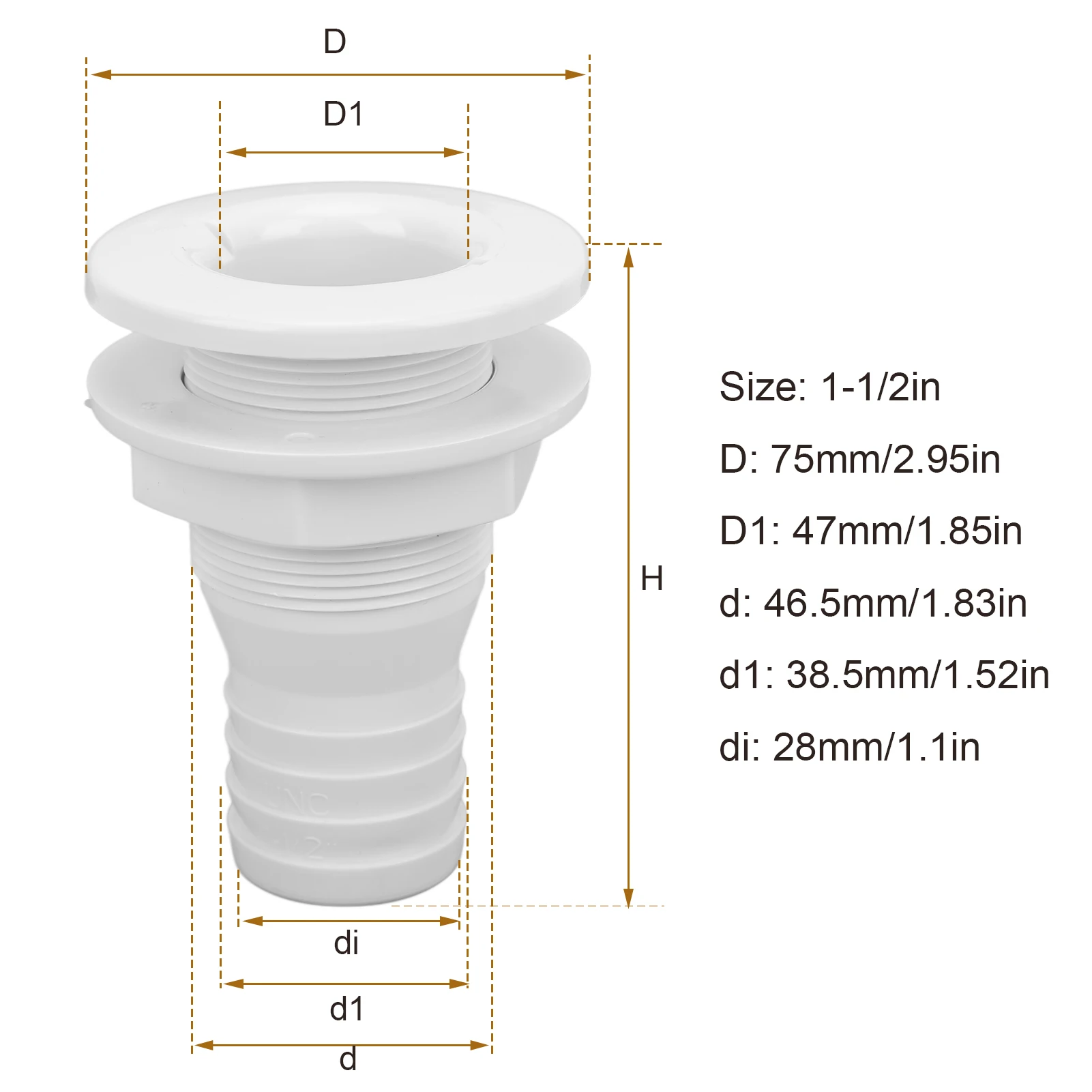 1‑1/2in Thru Hull Fitting Straight ABS Hose Connector Accessory for Boats Marines Marine Accessories Thru Hull Hose Connection