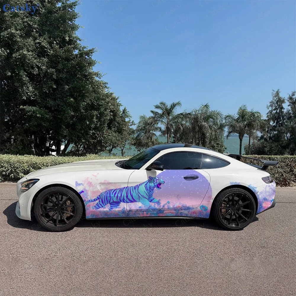 2pcs Lunar Glow Wild Field Tiger Car Side Wraps, Self-Adhesive PVC Waterproof & Scratch-Resistant Stickers, Car Accessory Gift