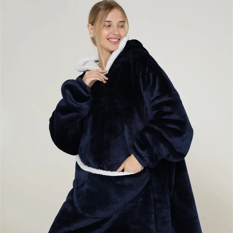 Winter Novelty Flannel Robe Large Size Hooded Nightgown Sleepwear Thickened Warm Coral Fleece Lazy Blankets Loose Home Dress