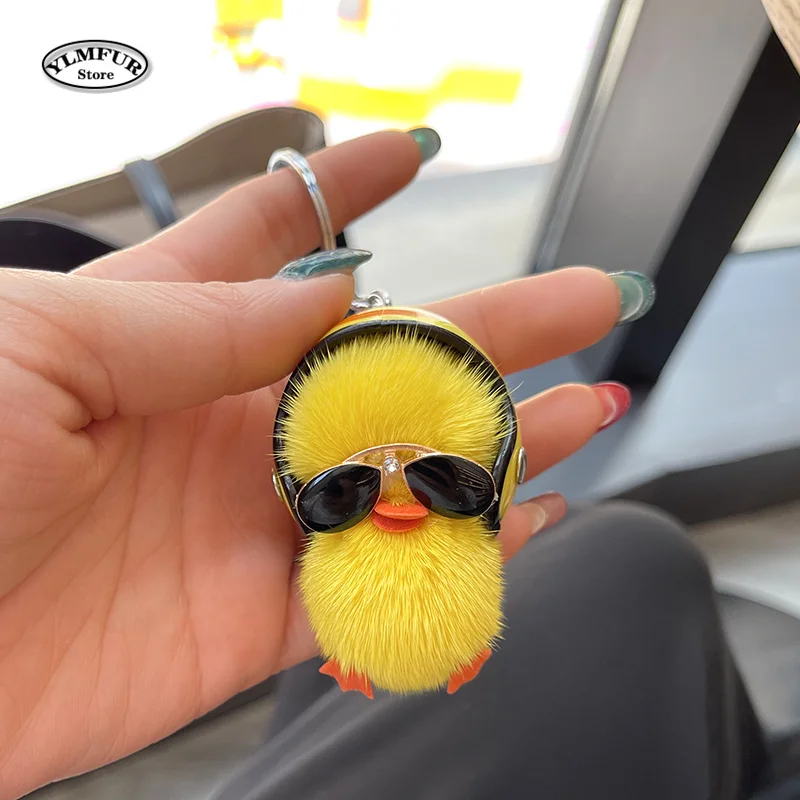 Keychain Mink Fur Furry Yellow Duck Pendant Key Ring Fluff Soft Chick Keychains Car Key Ring Easter Keyring Handbag Jewelry