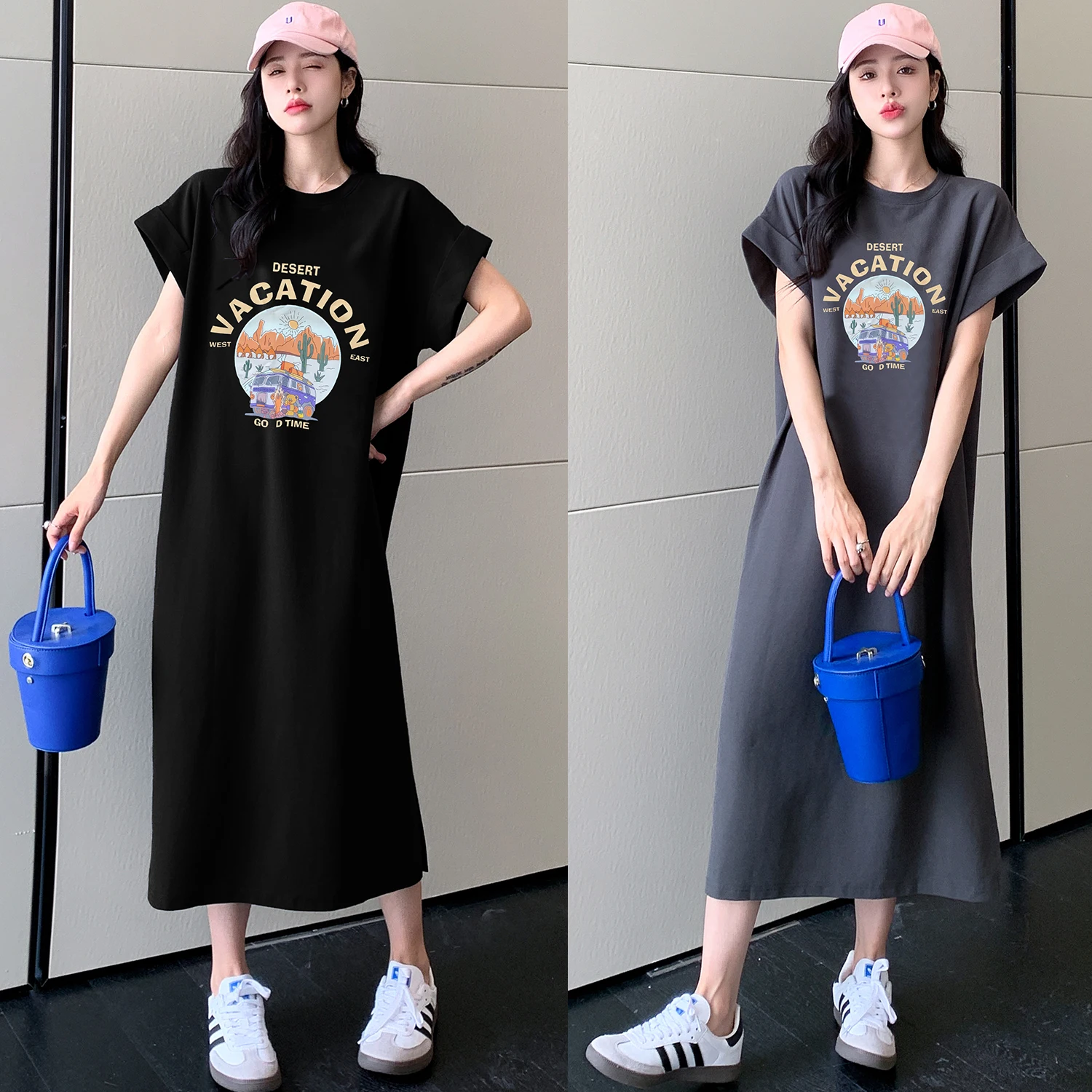 T-shirt imprimé en pur coton pour femmes, dr Long Sve ort Sve, jupe trapèze, pour les déplacements, nouvelle collection été