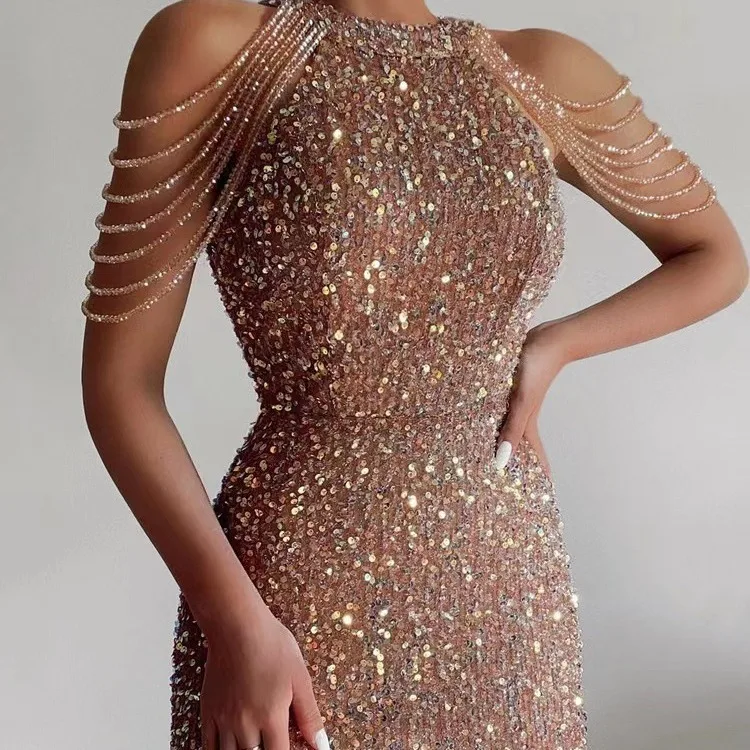 

New Arrival Fashion Off-the-Shoulder Sexy Crystal Fringe Bodycon Sequined Elegant Party Evening Dress with Mid-Waist