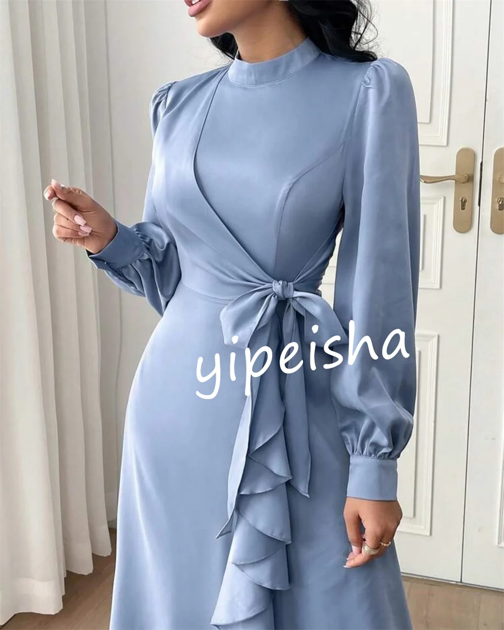 Elegant Chiffon Pleat Bow A-line High Collar Midi Dresses Celebrity Dresses Matching Formal Exquisite Simple High Quality