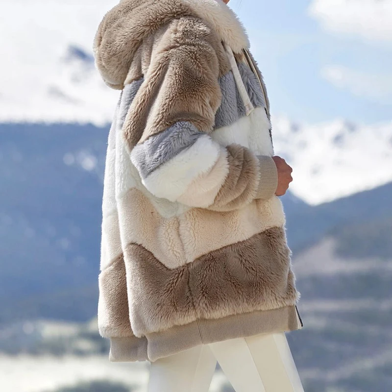 Damen mantel Herbst Winter warme lose Freizeit jacken Kontrast farben Reiß verschluss Kapuze Flusen Thermo mantel Kleidung