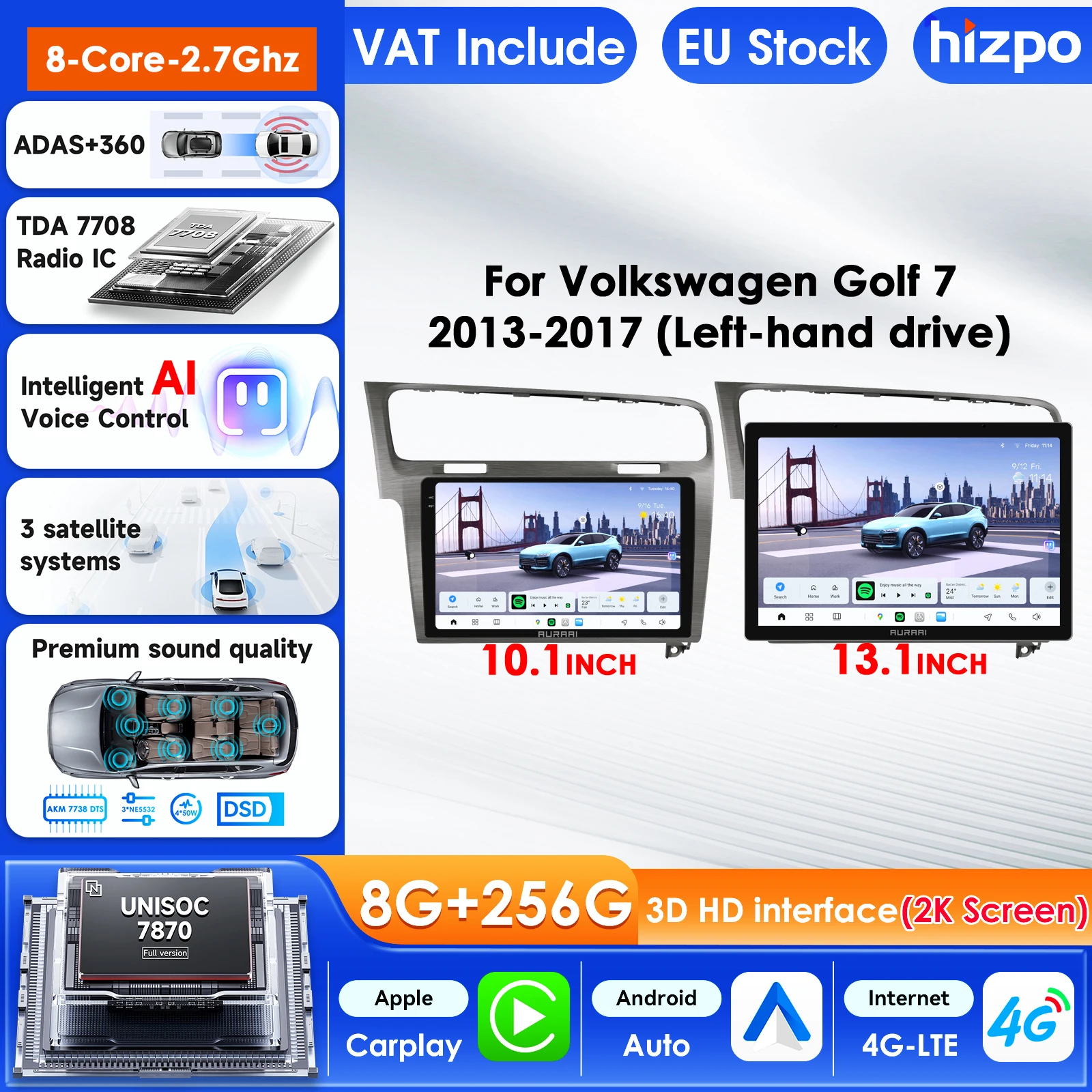 Hizpo 2K Bildschirm Kabelloses CarPlay Android Radio für Volkswagen Golf 7 2013-2017 Autoradio Stereo Audio Monitor 360 °   ADAS-Kamera
