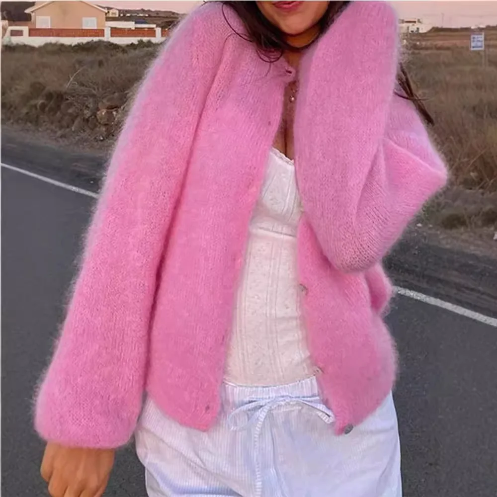 Chic Knit Sweater Women Long Sleeve Cardigan O-neck Single-breasted Jumper Design Lightweight Tops Clothing Trend Pink Sweaters