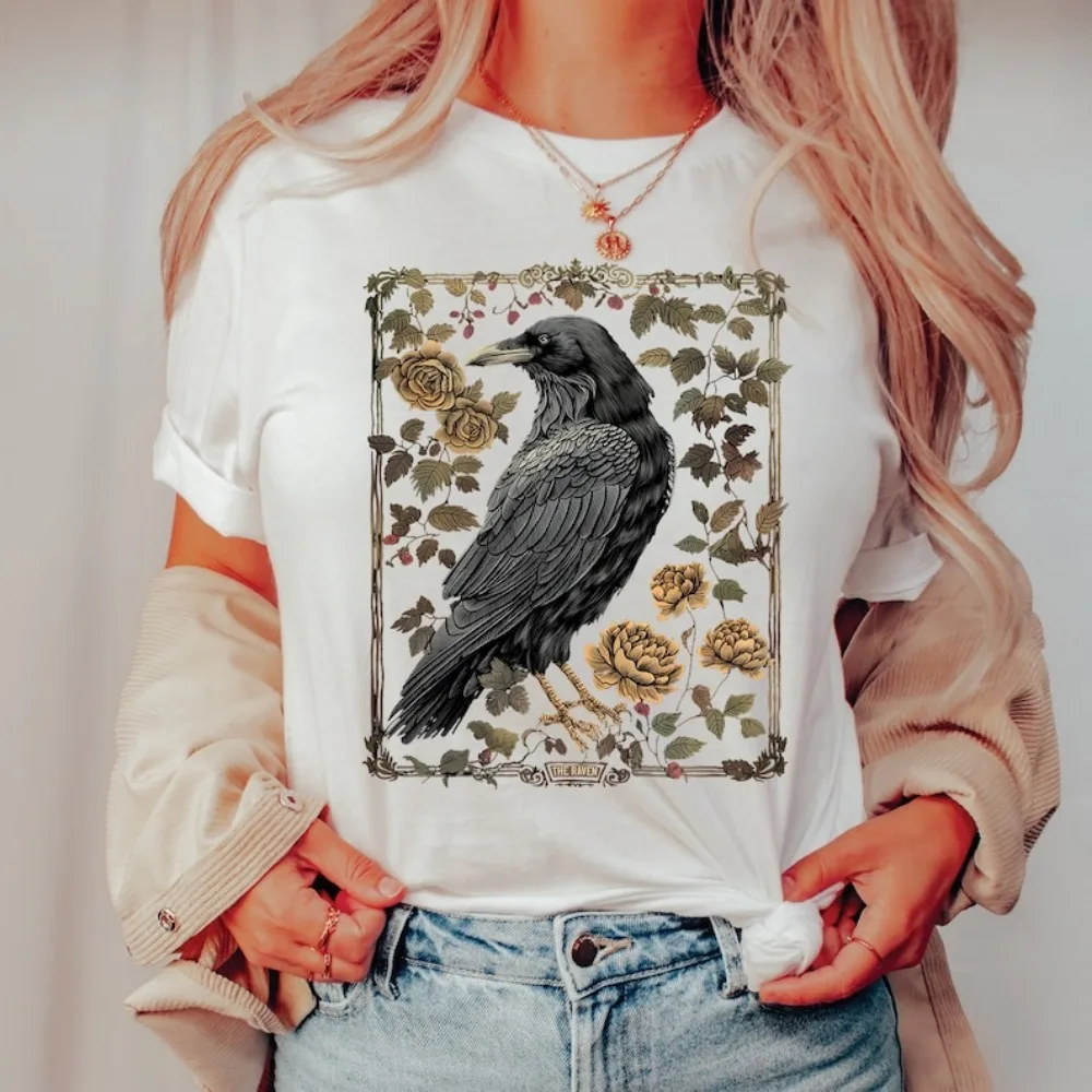 Vintage Raven Tarot Card Shirt Goblincore Gothic T-Shirt Witchy Crow Dark Academia Tops Sorority Spirit Tees Creativity Style