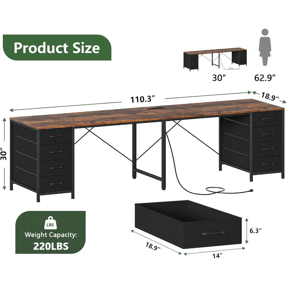 2 Person Desk with 8 Drawers, Large Writing Home Office Desks with Outlets, I Shaped Workstation Double Desk Drawer Organizers