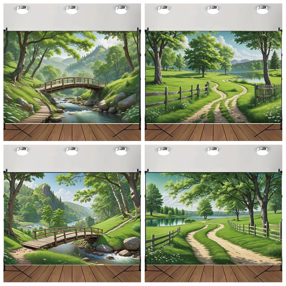 

MOON.QG Forest Spring Backdrop For Photography Mountain Creek Trail Lush Foliage Photo Background Children Shooting Props Poster