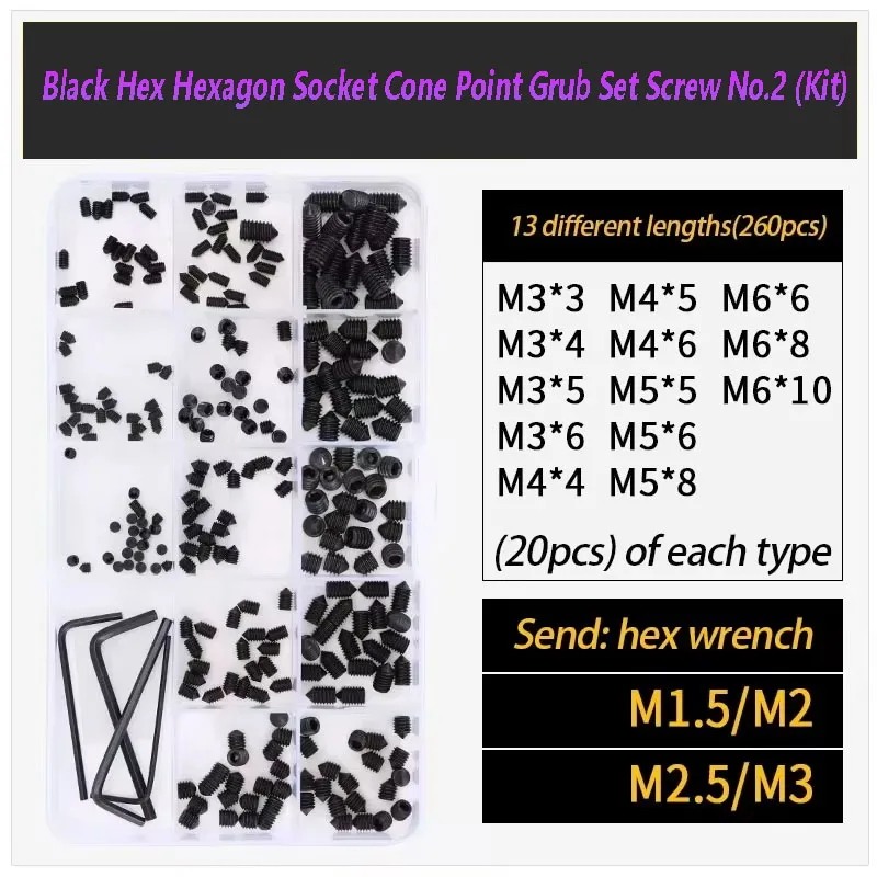 

M2~M8 Hexagon Socket Cone Point Grub Set Screw Tapered End Bolt Grade 12.9 Black Carbon Steel 316/304 Stainless Steel (Kit)