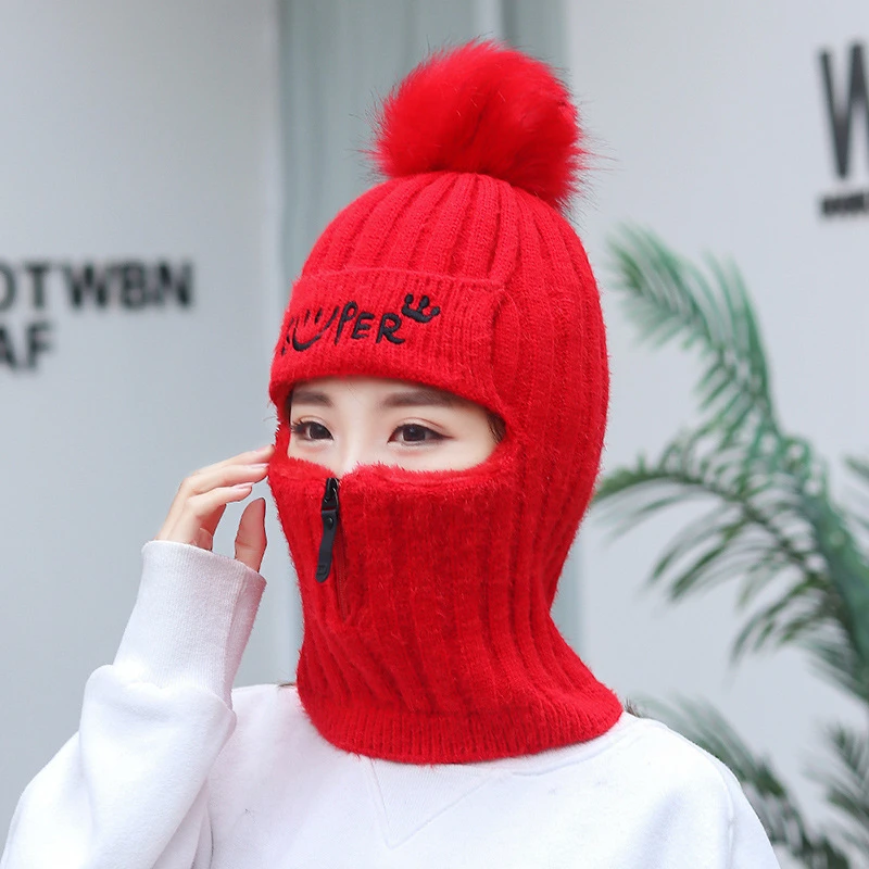 Women Winter Knitted Hat with Zipper, Fleece Lined Windproof Beanie for Motorcycle Riding, Korean Style Warm Hat