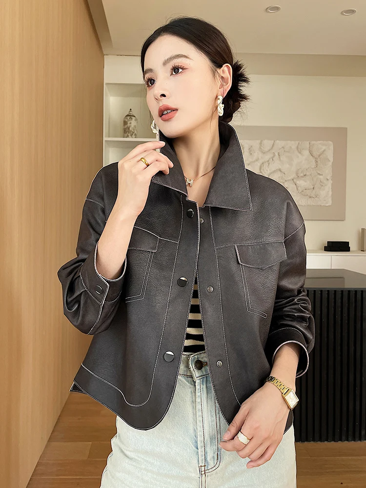 

Simple Retro Short Real Sheepskin Coat for Women 2024 New Trend High Quality Casual Lapel Genuine Leather Jacket