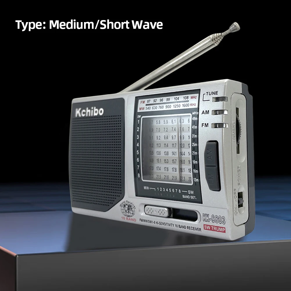 KK-9803 جهاز استقبال راديو صغير محمول ، مقبس 3.5 مللي متر ، FM ، MW ، SW1-8 ، مكبر صوت مدمج ، راديو كامل 10 ، بطارية تعمل لكبار السن