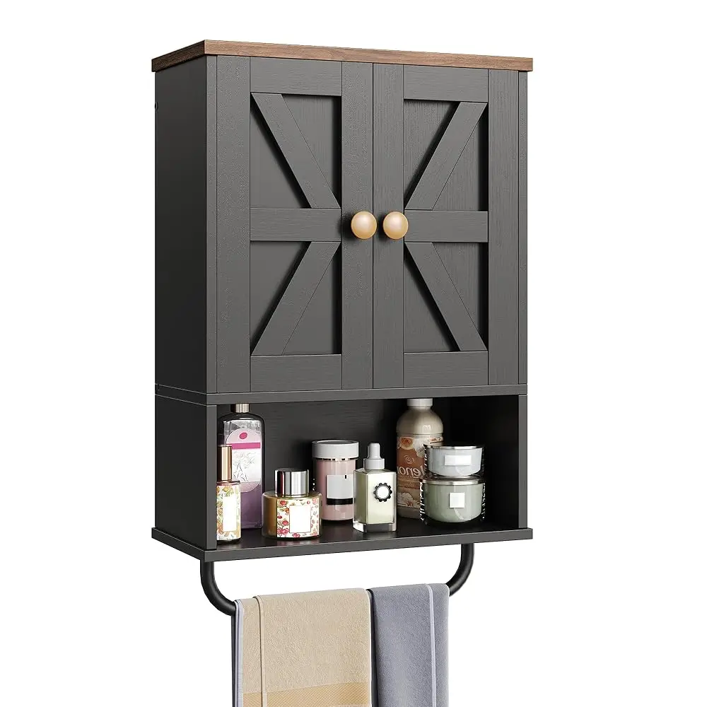 

Bathroom Wall Cabinet, Medicine Cabinet With Open Partition And Towel Bar, Rustic Storage Cabinet With Open And Hidden Storage